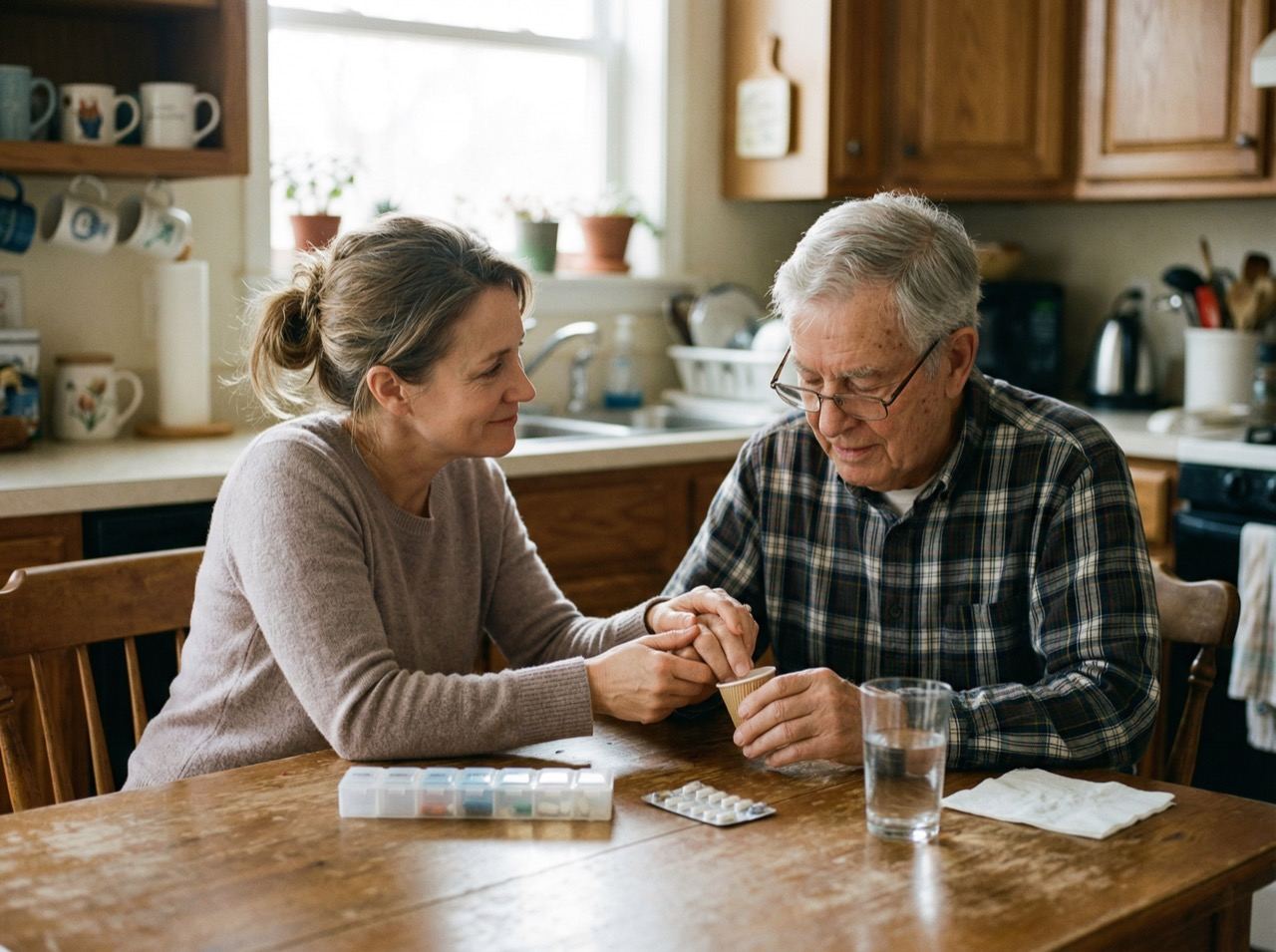 An adult daughter and her mother reading documents together at home