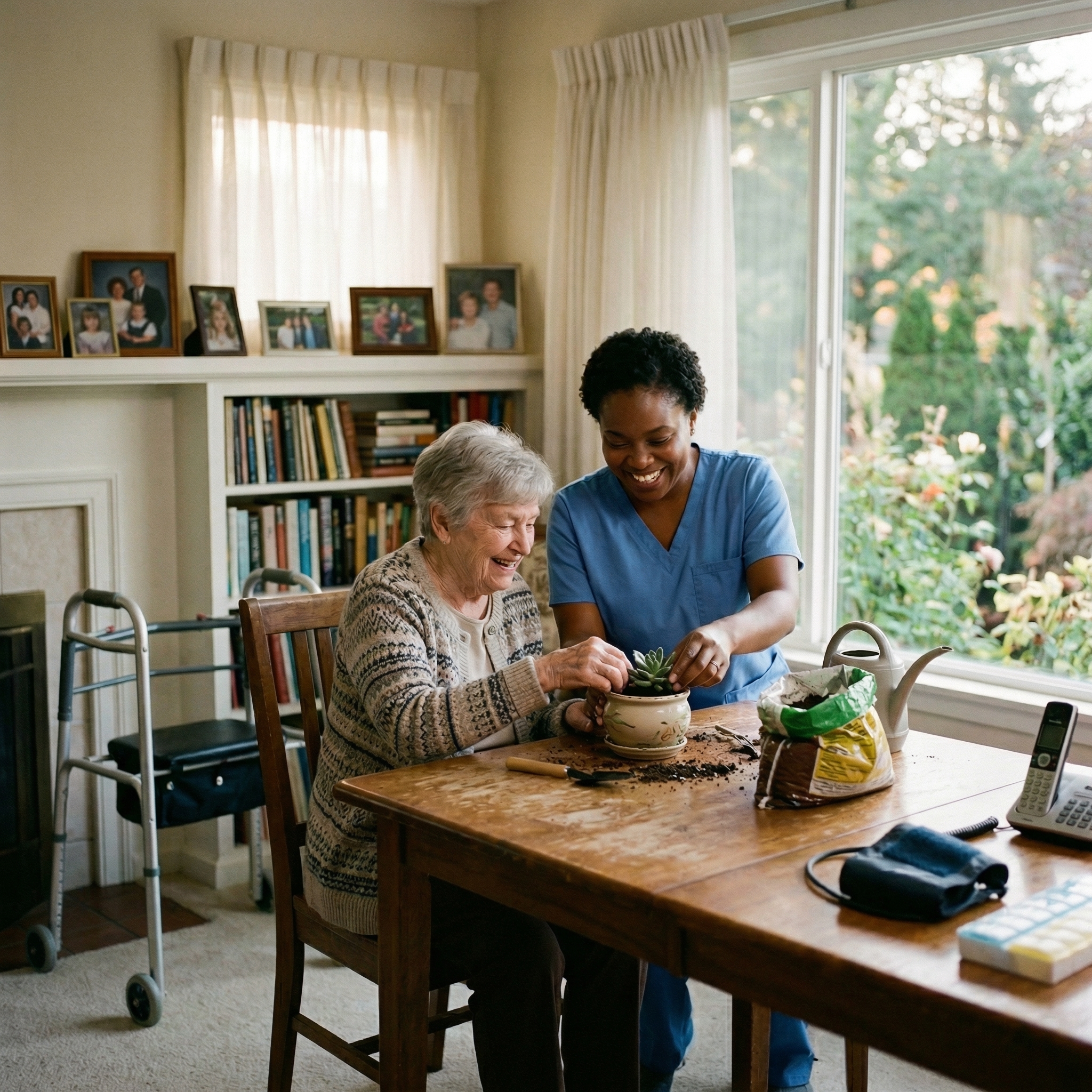 Woman assisting senior mother with home care support