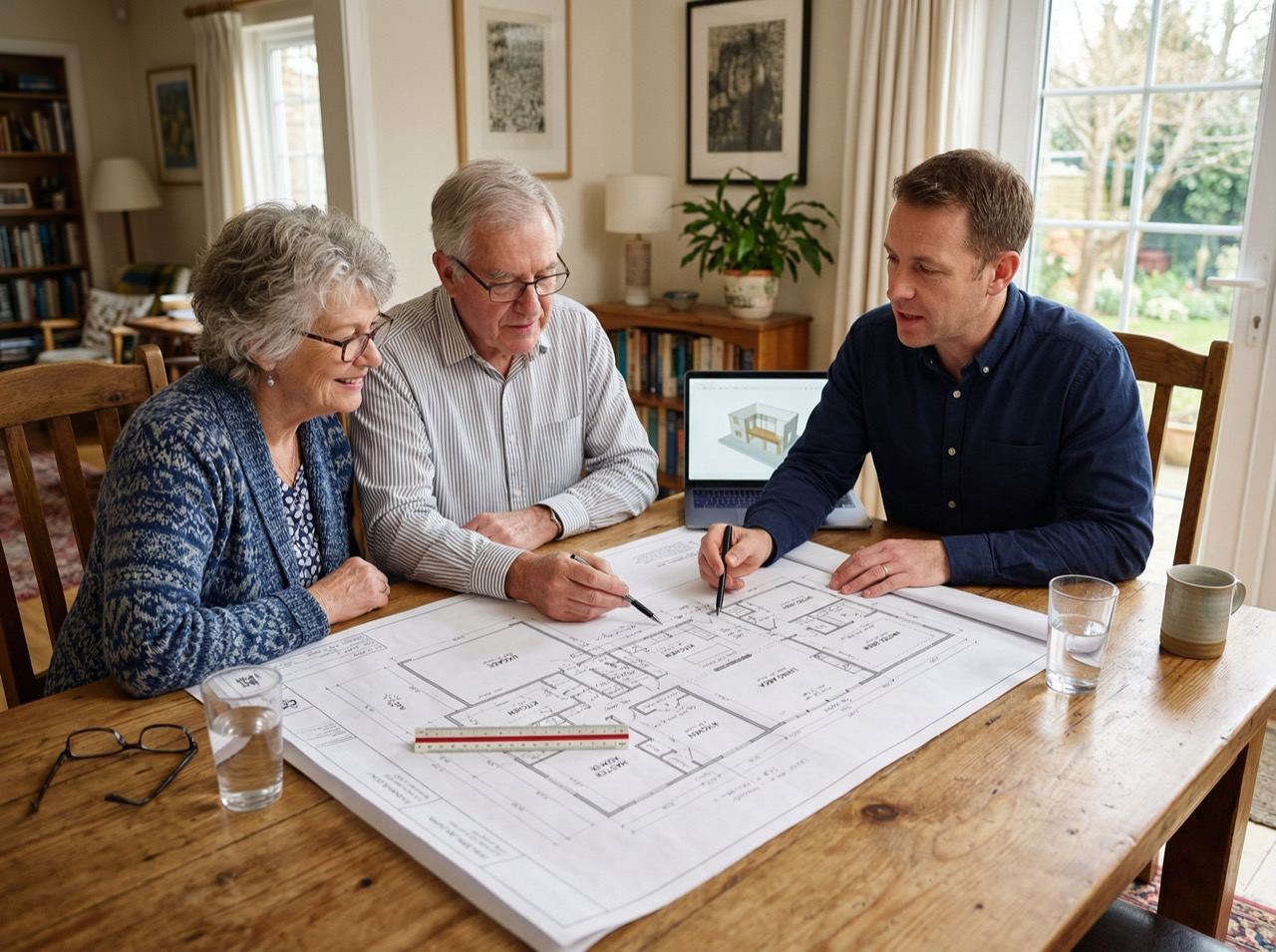 A senior couple at their kitchen table, talking through paperwork together