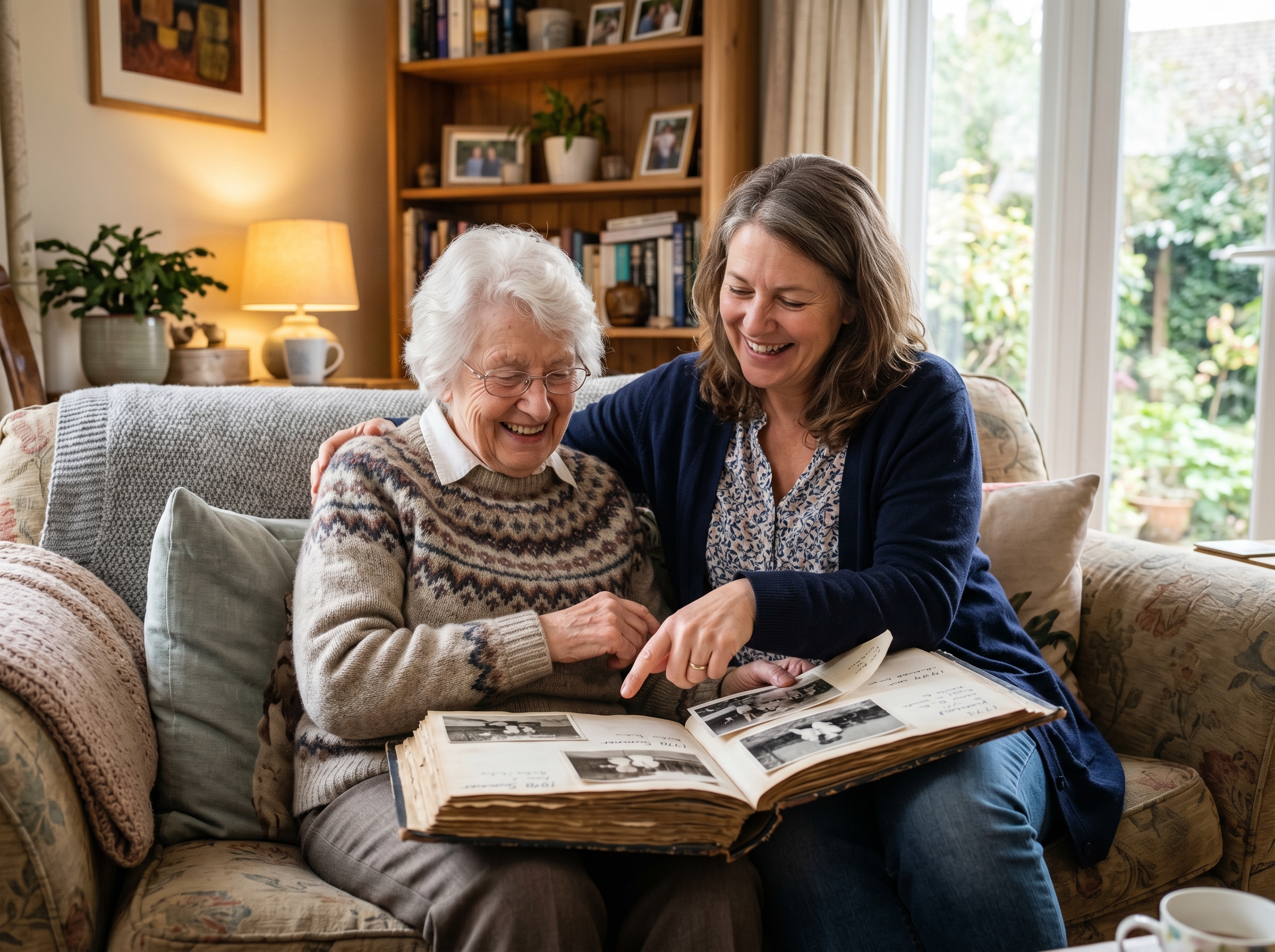 Adult daughter and senior mother looking at photo album together at home